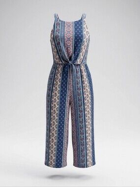 Knitworks Blue Patterned Sleeveless Tie-Front Jumpsuit